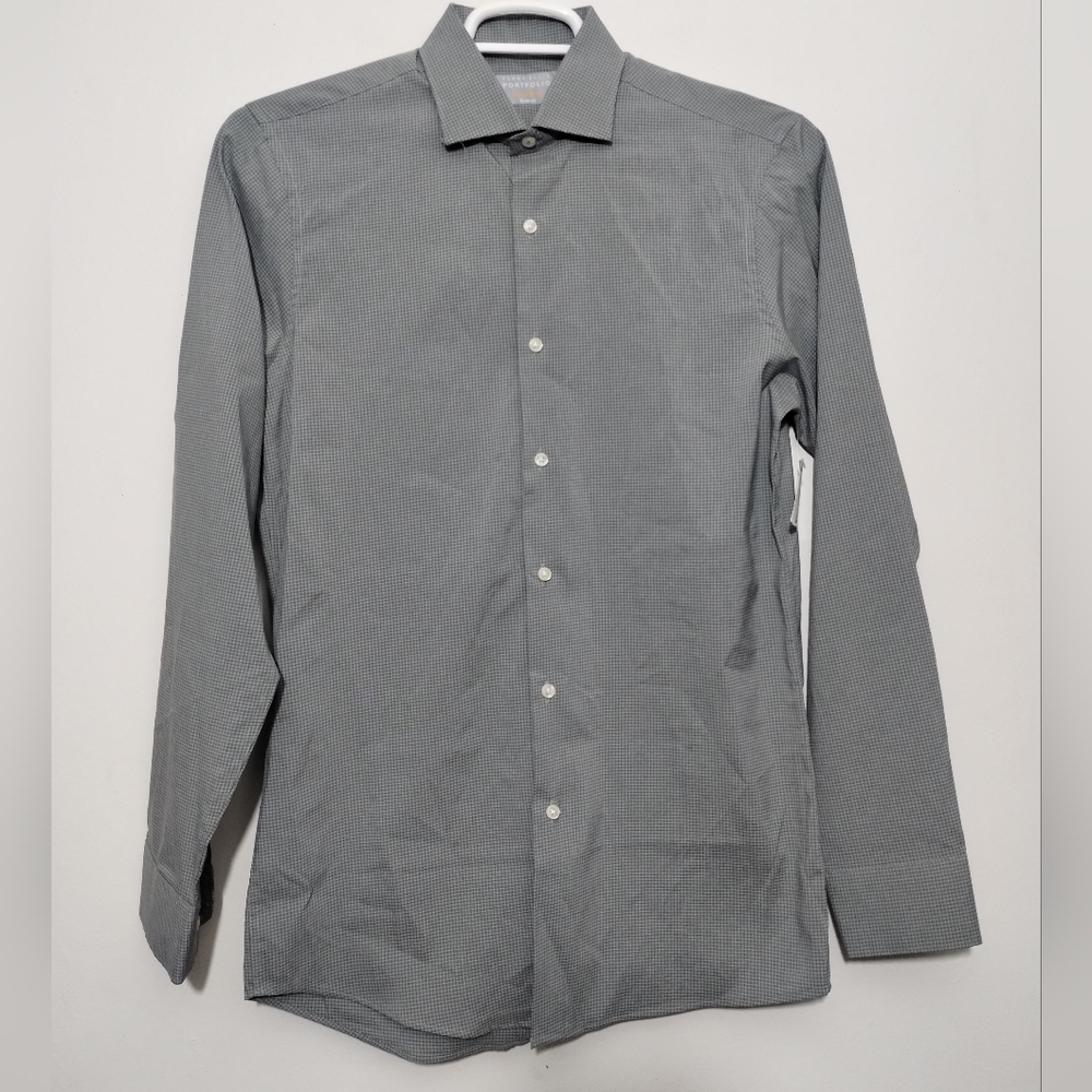 Perry Ellis Dress Shirt Checkered Men's 15 Long Sleeve Shirt Office Career